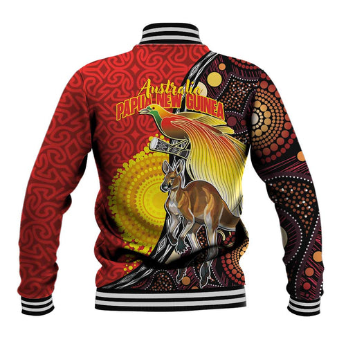 Australia and Papua New Guinea Together Baseball Jacket Bird-of-paradise and Kangaroo with Oro Tapa and Aboriginal Art Motifs - Aussie Hoodie