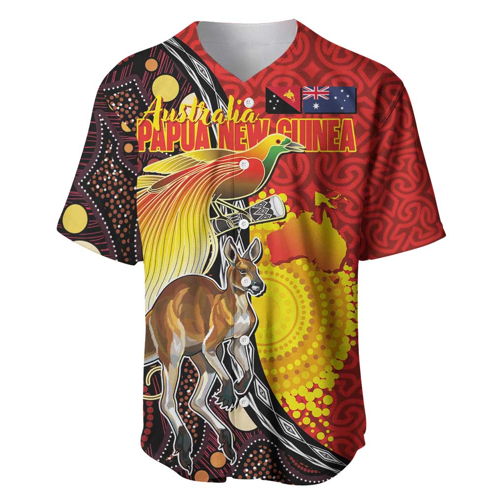 Australia and Papua New Guinea Together Baseball Jersey Bird-of-paradise and Kangaroo with Oro Tapa and Aboriginal Art Motifs - Aussie Hoodie