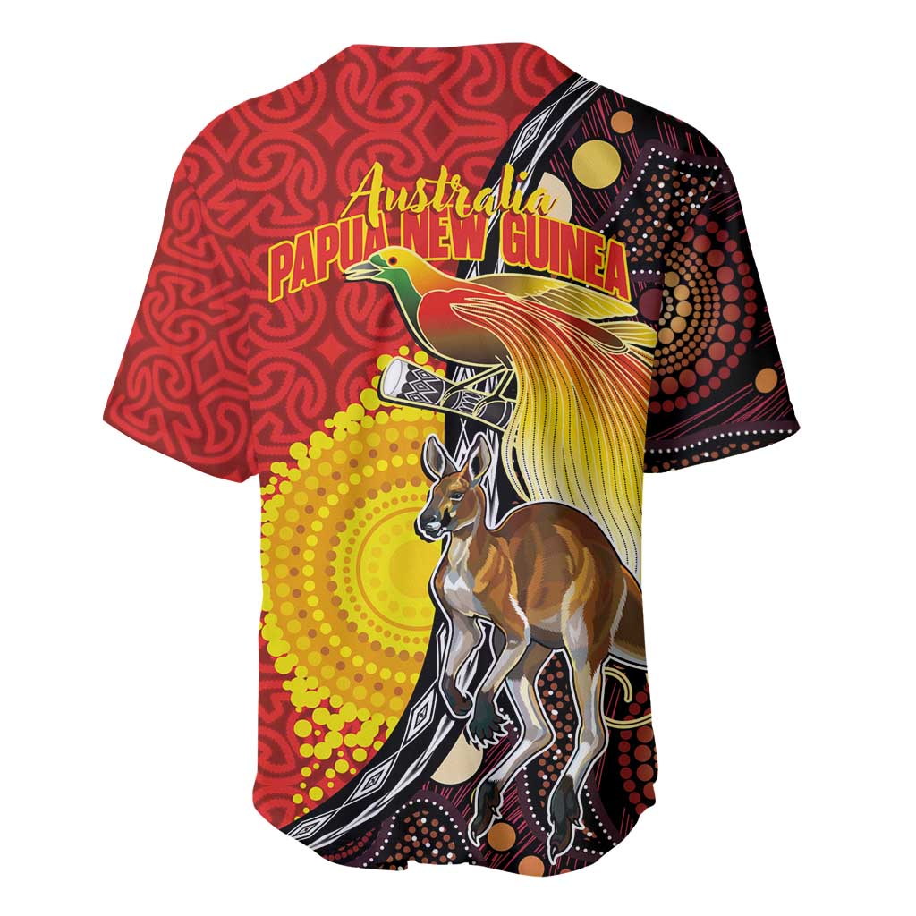 Australia and Papua New Guinea Together Baseball Jersey Bird-of-paradise and Kangaroo with Oro Tapa and Aboriginal Art Motifs - Aussie Hoodie