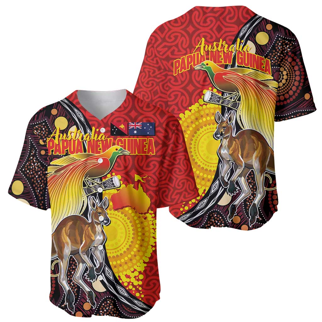 Australia and Papua New Guinea Together Baseball Jersey Bird-of-paradise and Kangaroo with Oro Tapa and Aboriginal Art Motifs - Aussie Hoodie