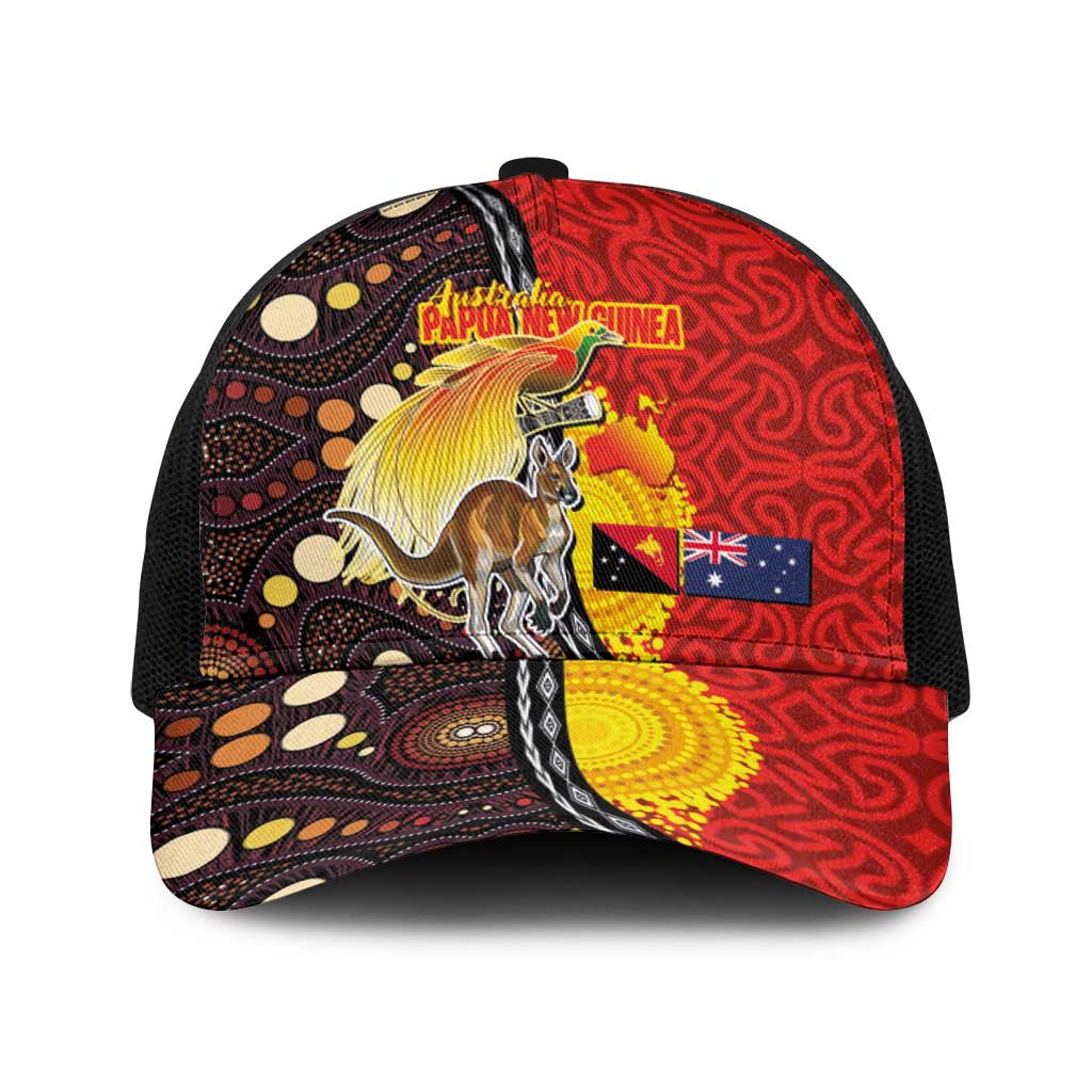 Australia and Papua New Guinea Together Baseball Net Cap Bird-of-paradise and Kangaroo with Oro Tapa and Aboriginal Art Motifs - Aussie Hoodie