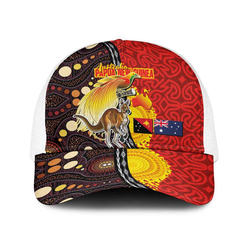 Australia and Papua New Guinea Together Baseball Net Cap Bird-of-paradise and Kangaroo with Oro Tapa and Aboriginal Art Motifs - Aussie Hoodie