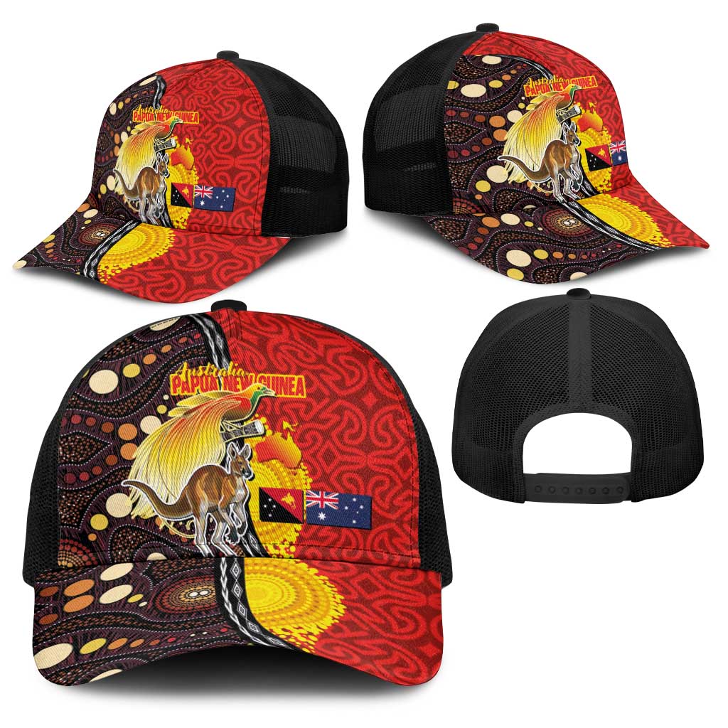 Australia and Papua New Guinea Together Baseball Net Cap Bird-of-paradise and Kangaroo with Oro Tapa and Aboriginal Art Motifs - Aussie Hoodie