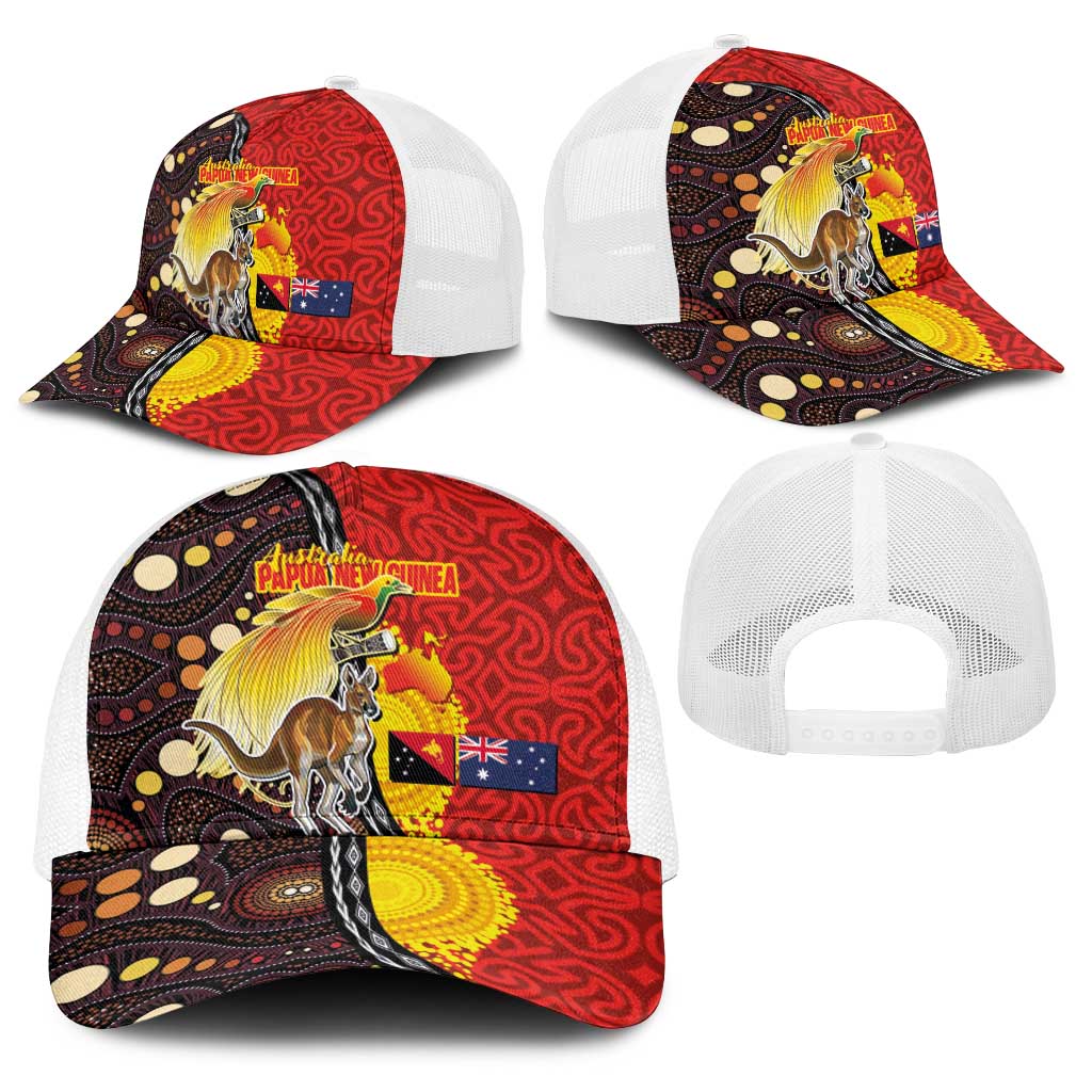 Australia and Papua New Guinea Together Baseball Net Cap Bird-of-paradise and Kangaroo with Oro Tapa and Aboriginal Art Motifs - Aussie Hoodie
