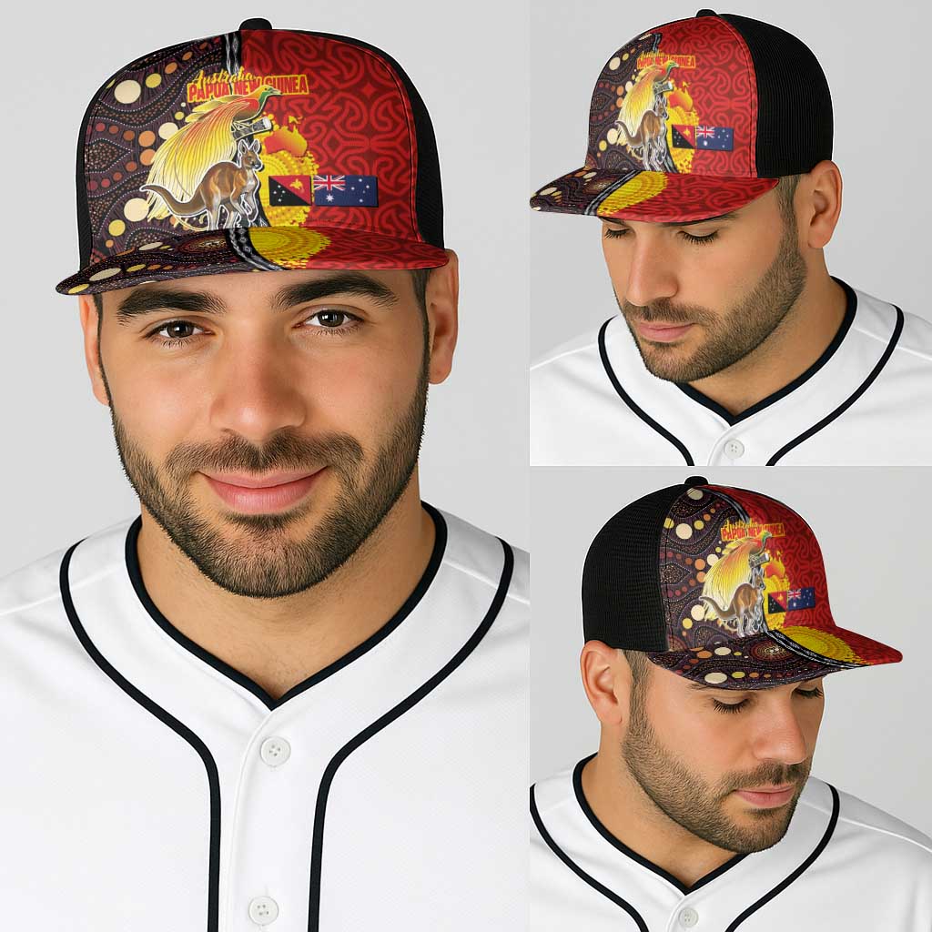 Australia and Papua New Guinea Together Baseball Net Cap Bird-of-paradise and Kangaroo with Oro Tapa and Aboriginal Art Motifs - Aussie Hoodie