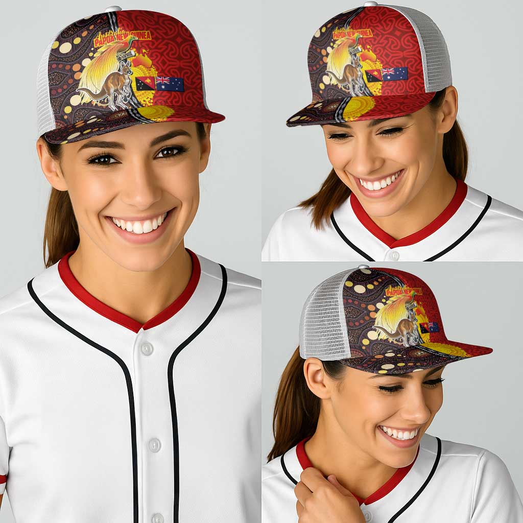 Australia and Papua New Guinea Together Baseball Net Cap Bird-of-paradise and Kangaroo with Oro Tapa and Aboriginal Art Motifs - Aussie Hoodie