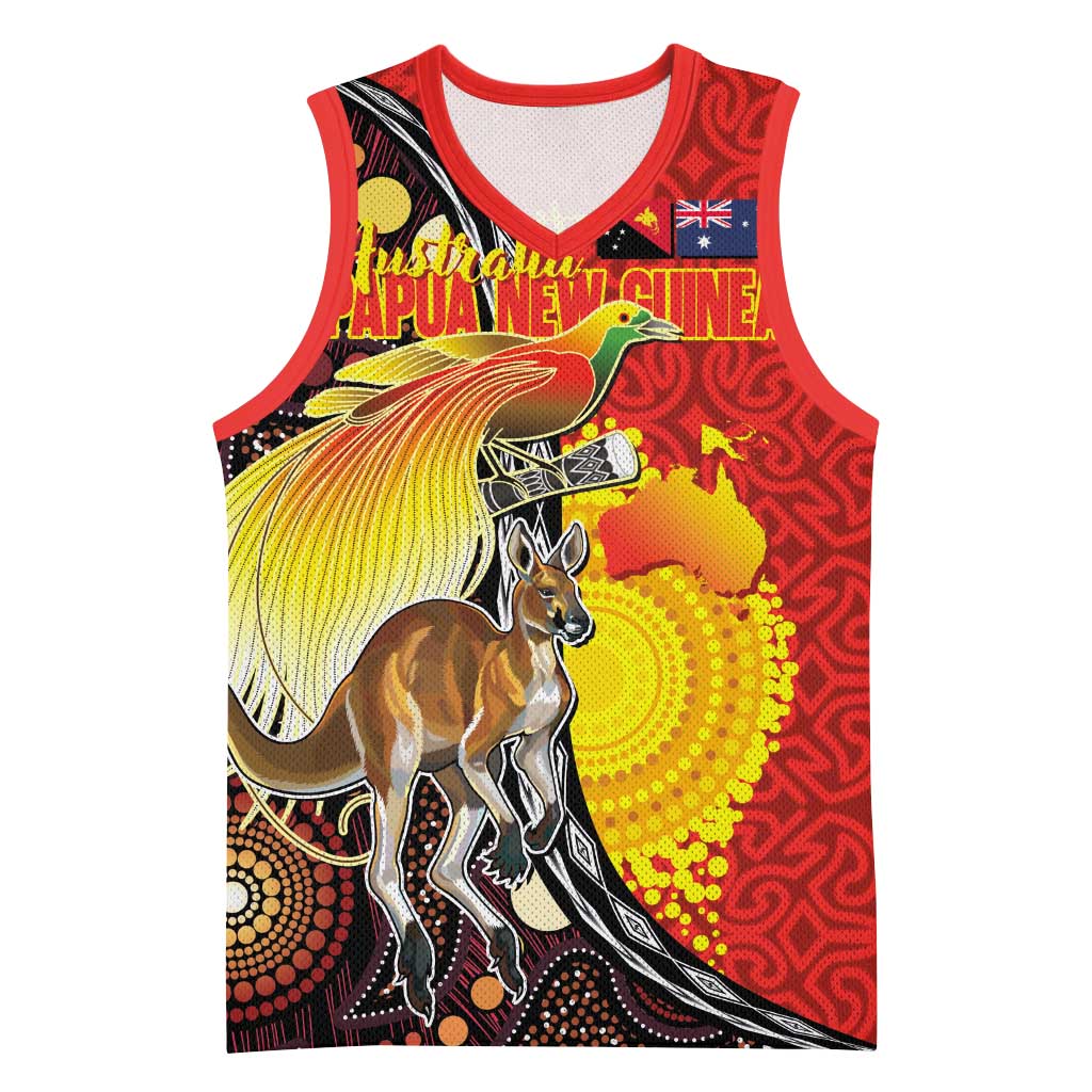 Australia and Papua New Guinea Together Basketball Jersey Bird-of-paradise and Kangaroo with Oro Tapa and Aboriginal Art Motifs - Aussie Hoodie