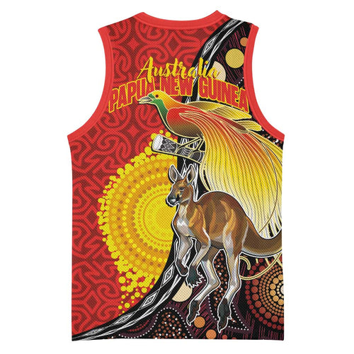 Australia and Papua New Guinea Together Basketball Jersey Bird-of-paradise and Kangaroo with Oro Tapa and Aboriginal Art Motifs - Aussie Hoodie