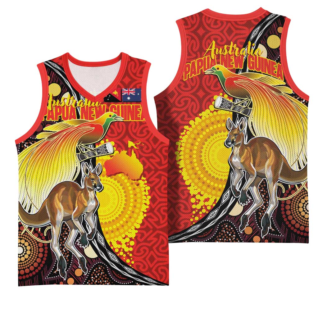 Australia and Papua New Guinea Together Basketball Jersey Bird-of-paradise and Kangaroo with Oro Tapa and Aboriginal Art Motifs - Aussie Hoodie