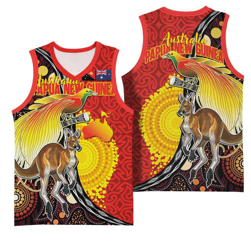 Australia and Papua New Guinea Together Basketball Jersey Bird-of-paradise and Kangaroo with Oro Tapa and Aboriginal Art Motifs - Aussie Hoodie