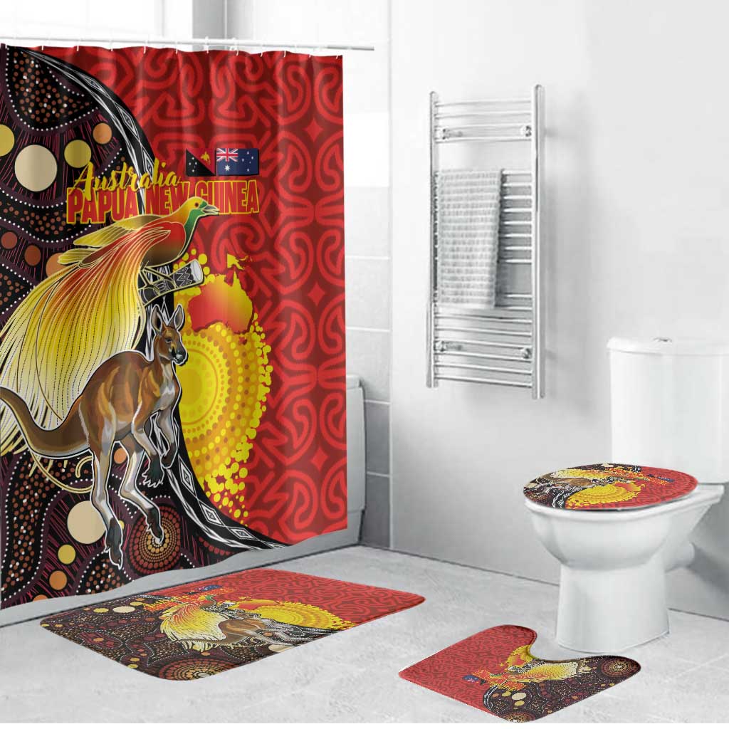 Australia and Papua New Guinea Together Bathroom Set Bird-of-paradise and Kangaroo with Oro Tapa and Aboriginal Art Motifs - Aussie Hoodie