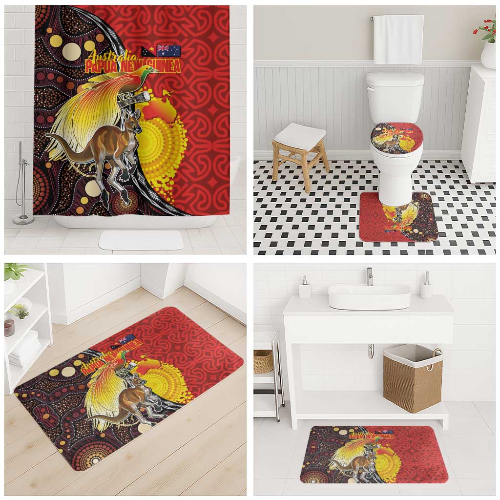 Australia and Papua New Guinea Together Bathroom Set Bird-of-paradise and Kangaroo with Oro Tapa and Aboriginal Art Motifs - Aussie Hoodie