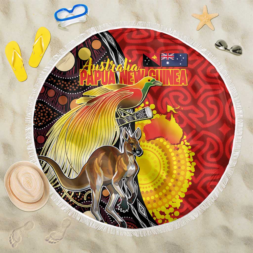 Australia and Papua New Guinea Together Beach Blanket Bird-of-paradise and Kangaroo with Oro Tapa and Aboriginal Art Motifs - Aussie Hoodie