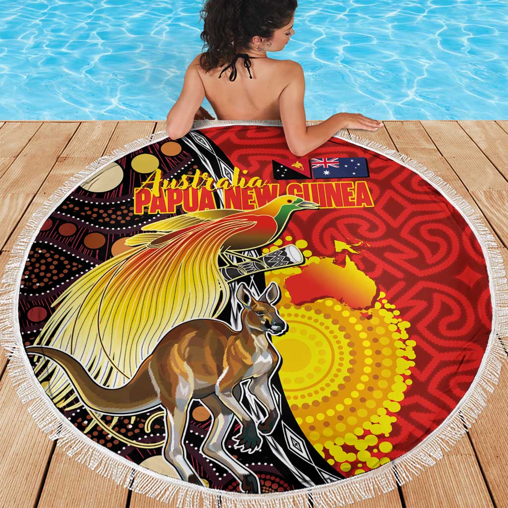 Australia and Papua New Guinea Together Beach Blanket Bird-of-paradise and Kangaroo with Oro Tapa and Aboriginal Art Motifs - Aussie Hoodie