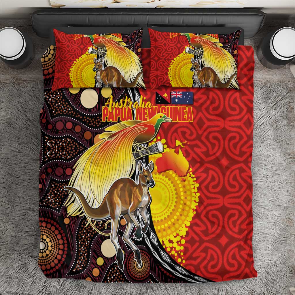 Australia and Papua New Guinea Together Bedding Set Bird-of-paradise and Kangaroo with Oro Tapa and Aboriginal Art Motifs - Aussie Hoodie