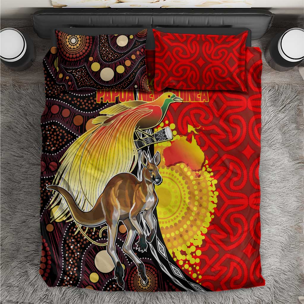 Australia and Papua New Guinea Together Bedding Set Bird-of-paradise and Kangaroo with Oro Tapa and Aboriginal Art Motifs - Aussie Hoodie