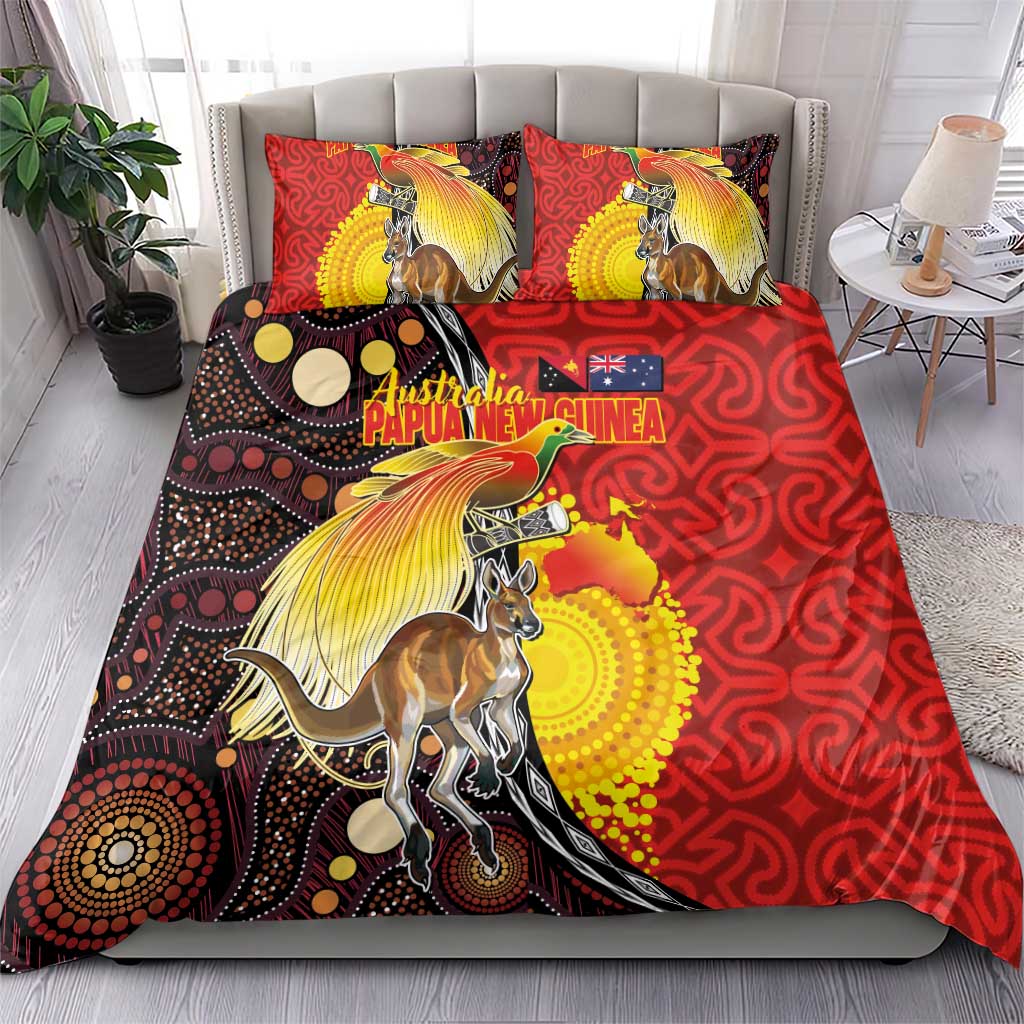 Australia and Papua New Guinea Together Bedding Set Bird-of-paradise and Kangaroo with Oro Tapa and Aboriginal Art Motifs - Aussie Hoodie