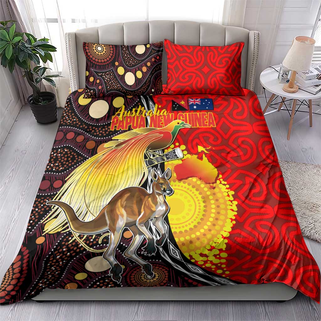 Australia and Papua New Guinea Together Bedding Set Bird-of-paradise and Kangaroo with Oro Tapa and Aboriginal Art Motifs - Aussie Hoodie