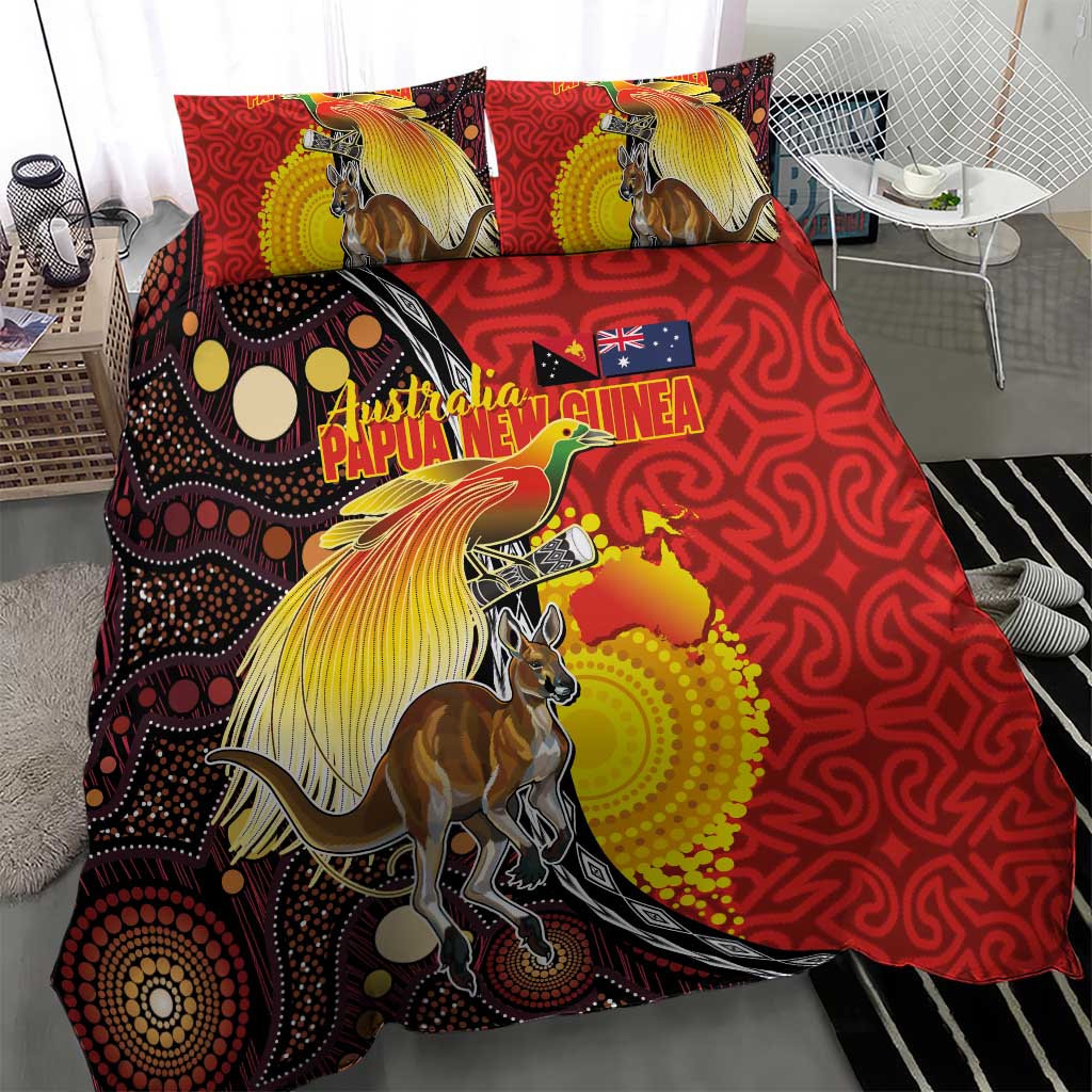 Australia and Papua New Guinea Together Bedding Set Bird-of-paradise and Kangaroo with Oro Tapa and Aboriginal Art Motifs - Aussie Hoodie