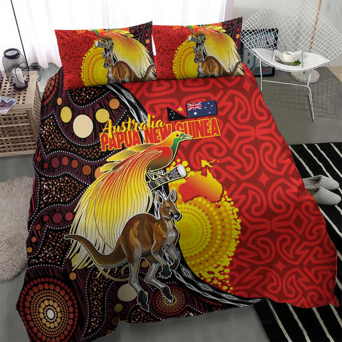 Australia and Papua New Guinea Together Bedding Set Bird-of-paradise and Kangaroo with Oro Tapa and Aboriginal Art Motifs - Aussie Hoodie