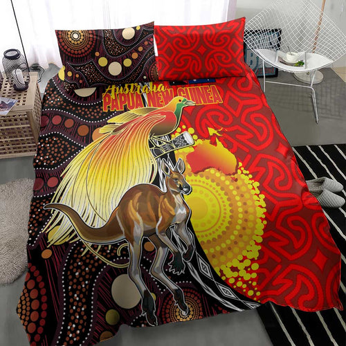 Australia and Papua New Guinea Together Bedding Set Bird-of-paradise and Kangaroo with Oro Tapa and Aboriginal Art Motifs - Aussie Hoodie