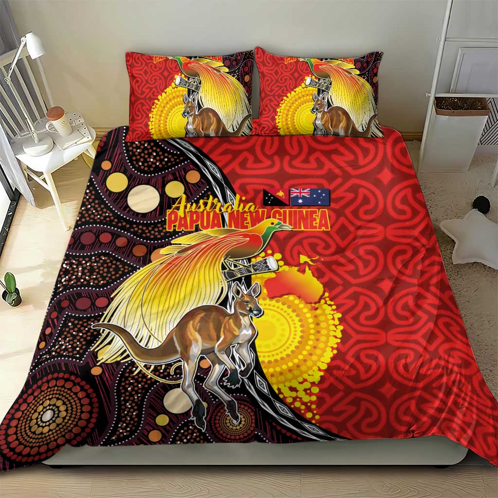 Australia and Papua New Guinea Together Bedding Set Bird-of-paradise and Kangaroo with Oro Tapa and Aboriginal Art Motifs - Aussie Hoodie