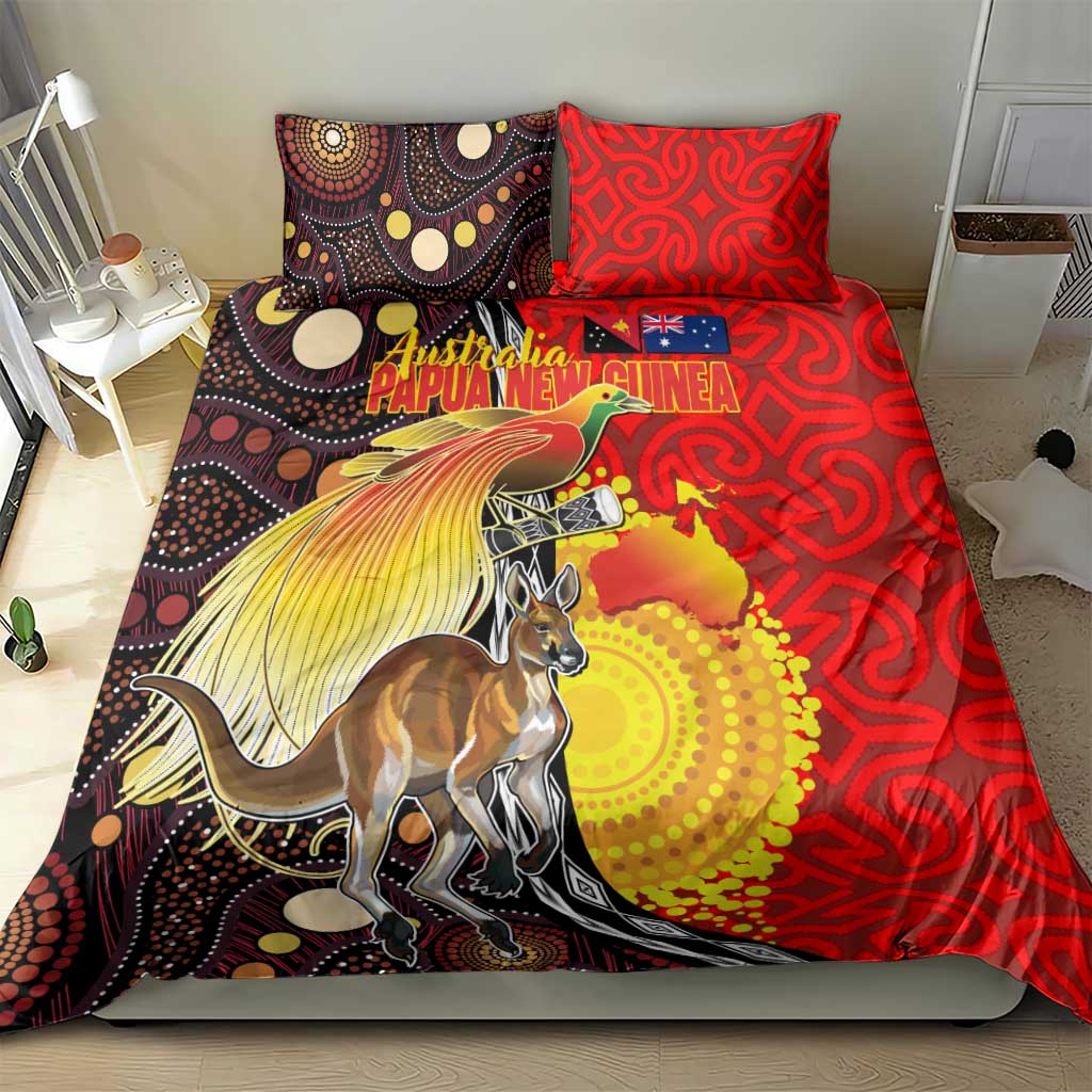 Australia and Papua New Guinea Together Bedding Set Bird-of-paradise and Kangaroo with Oro Tapa and Aboriginal Art Motifs - Aussie Hoodie