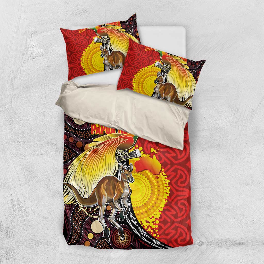 Australia and Papua New Guinea Together Bedding Set Bird-of-paradise and Kangaroo with Oro Tapa and Aboriginal Art Motifs - Aussie Hoodie