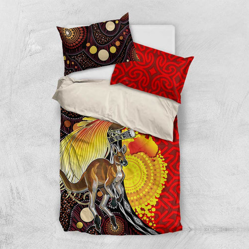 Australia and Papua New Guinea Together Bedding Set Bird-of-paradise and Kangaroo with Oro Tapa and Aboriginal Art Motifs - Aussie Hoodie