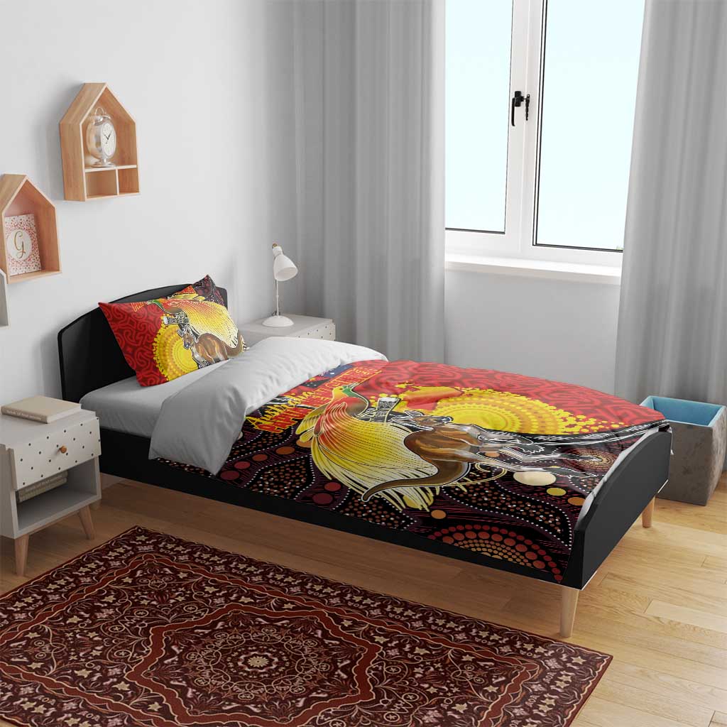 Australia and Papua New Guinea Together Bedding Set Bird-of-paradise and Kangaroo with Oro Tapa and Aboriginal Art Motifs - Aussie Hoodie