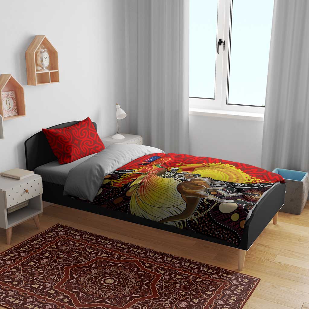 Australia and Papua New Guinea Together Bedding Set Bird-of-paradise and Kangaroo with Oro Tapa and Aboriginal Art Motifs - Aussie Hoodie