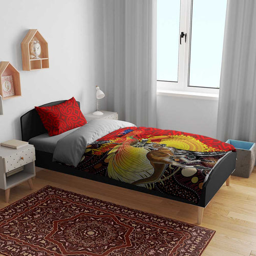 Australia and Papua New Guinea Together Bedding Set Bird-of-paradise and Kangaroo with Oro Tapa and Aboriginal Art Motifs - Aussie Hoodie