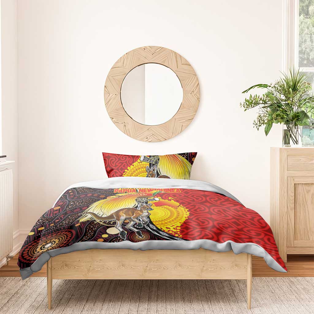 Australia and Papua New Guinea Together Bedding Set Bird-of-paradise and Kangaroo with Oro Tapa and Aboriginal Art Motifs - Aussie Hoodie