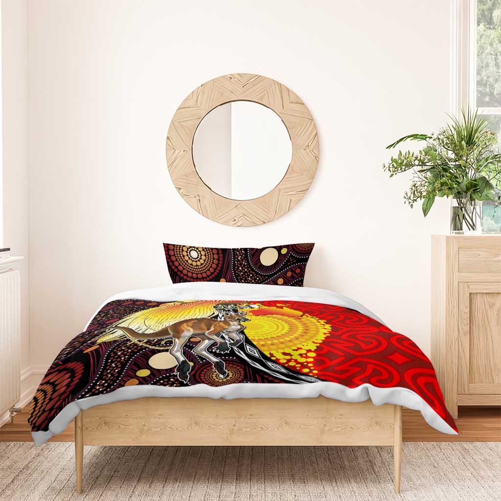 Australia and Papua New Guinea Together Bedding Set Bird-of-paradise and Kangaroo with Oro Tapa and Aboriginal Art Motifs - Aussie Hoodie