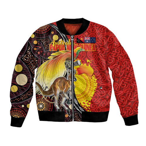 Australia and Papua New Guinea Together Bomber Jacket Bird-of-paradise and Kangaroo with Oro Tapa and Aboriginal Art Motifs - Aussie Hoodie