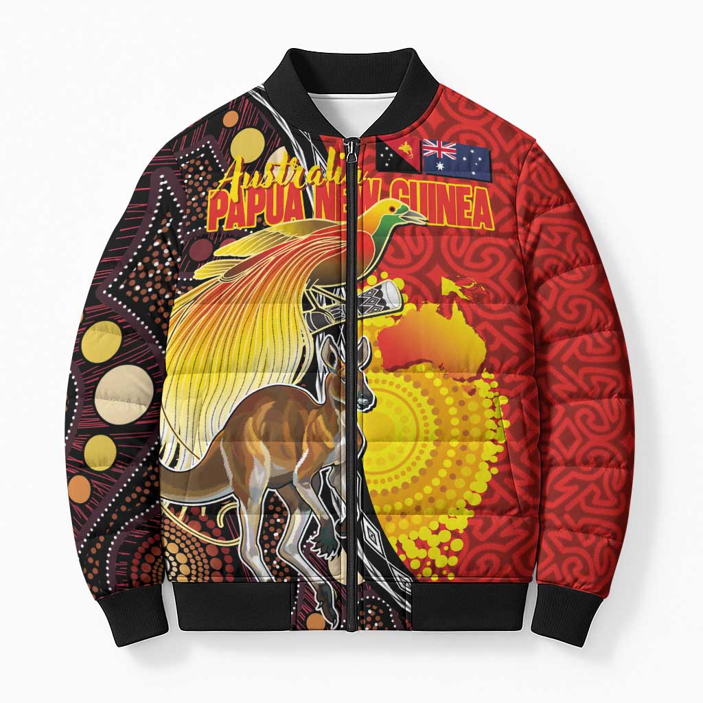 Australia and Papua New Guinea Together Bomber Puffer Jacket Bird-of-paradise and Kangaroo with Oro Tapa and Aboriginal Art Motifs - Aussie Hoodie