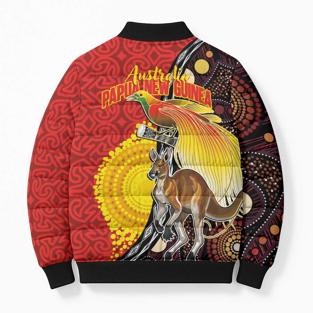 Australia and Papua New Guinea Together Bomber Puffer Jacket Bird-of-paradise and Kangaroo with Oro Tapa and Aboriginal Art Motifs - Aussie Hoodie
