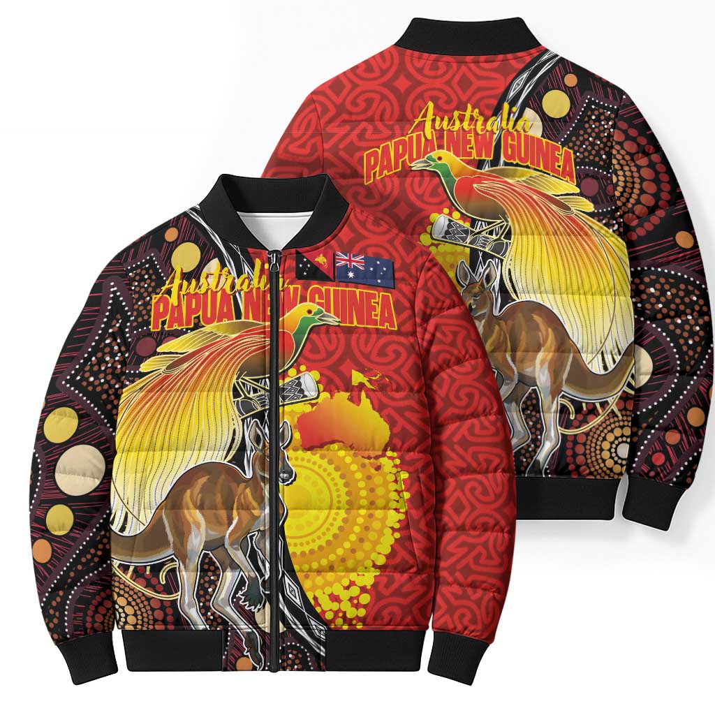 Australia and Papua New Guinea Together Bomber Puffer Jacket Bird-of-paradise and Kangaroo with Oro Tapa and Aboriginal Art Motifs - Aussie Hoodie