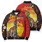 Australia and Papua New Guinea Together Bomber Puffer Jacket Bird-of-paradise and Kangaroo with Oro Tapa and Aboriginal Art Motifs - Aussie Hoodie