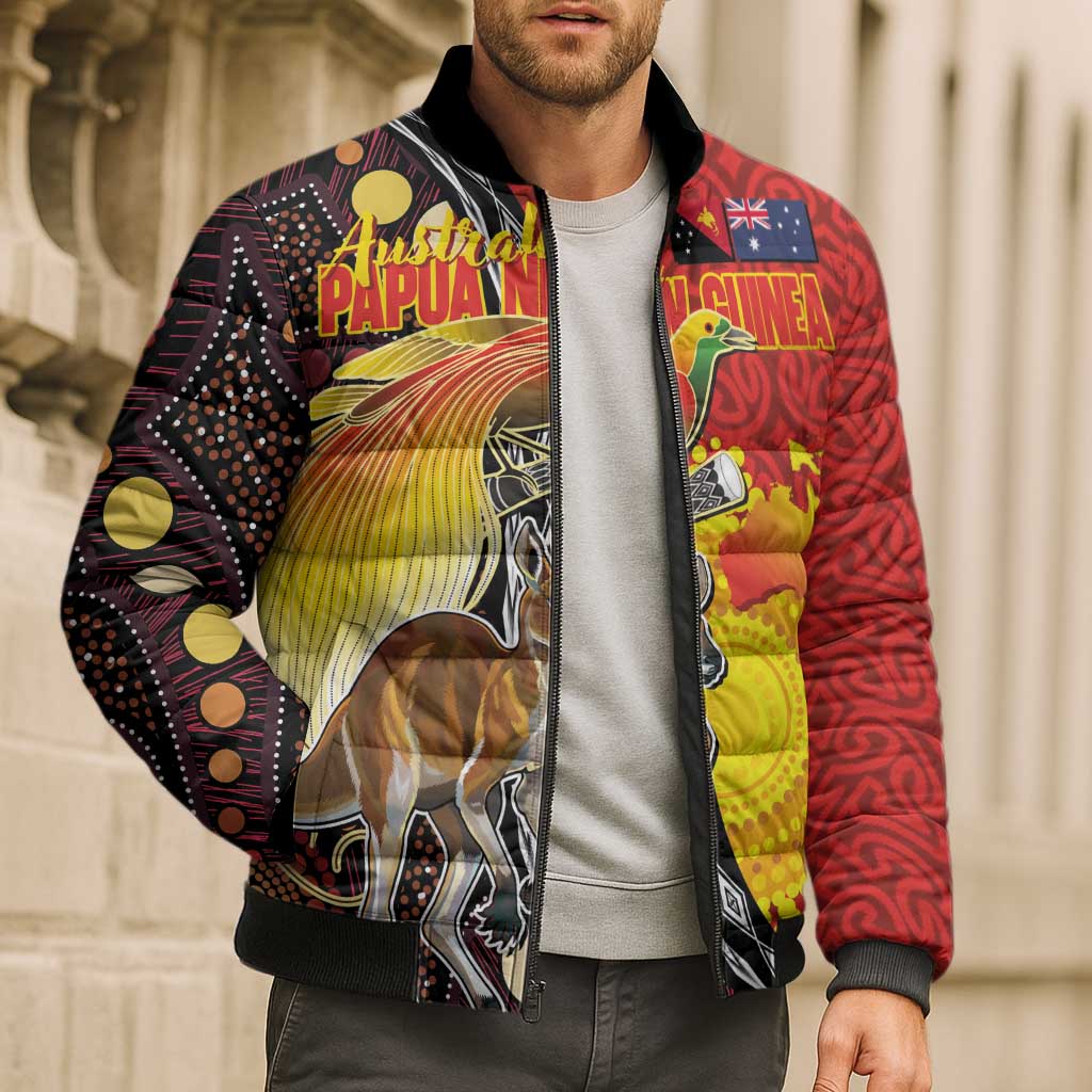 Australia and Papua New Guinea Together Bomber Puffer Jacket Bird-of-paradise and Kangaroo with Oro Tapa and Aboriginal Art Motifs - Aussie Hoodie