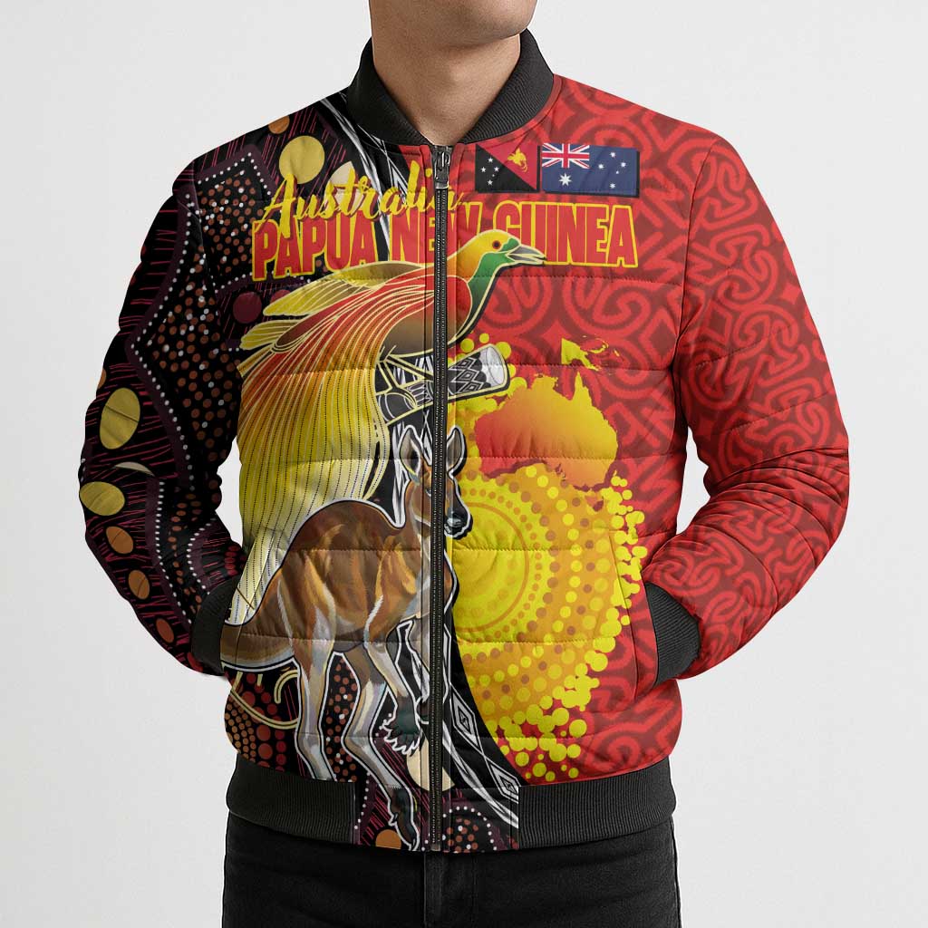Australia and Papua New Guinea Together Bomber Puffer Jacket Bird-of-paradise and Kangaroo with Oro Tapa and Aboriginal Art Motifs - Aussie Hoodie