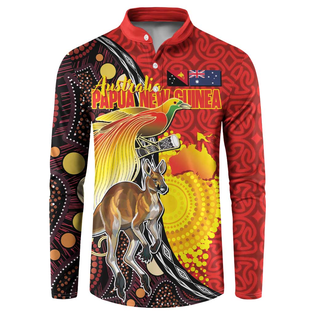 Australia and Papua New Guinea Together Button Sweatshirt Bird-of-paradise and Kangaroo with Oro Tapa and Aboriginal Art Motifs - Aussie Hoodie