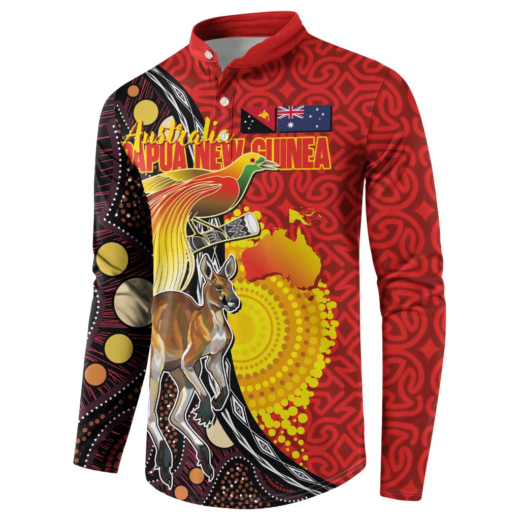 Australia and Papua New Guinea Together Button Sweatshirt Bird-of-paradise and Kangaroo with Oro Tapa and Aboriginal Art Motifs - Aussie Hoodie