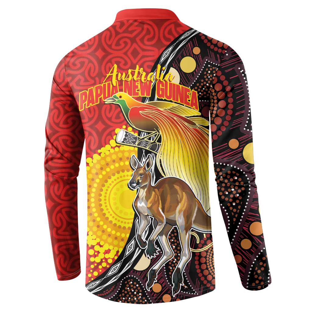 Australia and Papua New Guinea Together Button Sweatshirt Bird-of-paradise and Kangaroo with Oro Tapa and Aboriginal Art Motifs - Aussie Hoodie