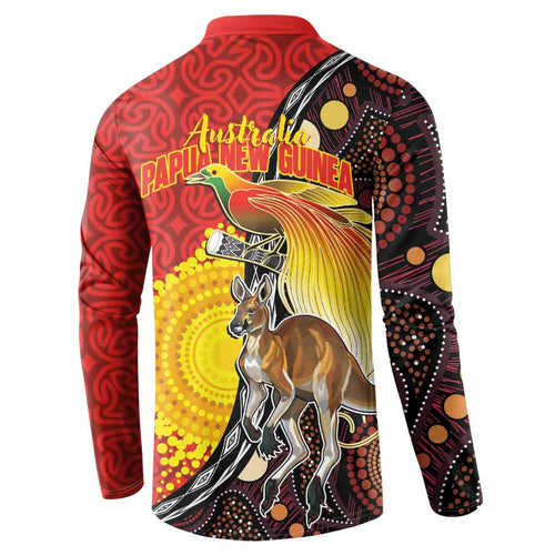 Australia and Papua New Guinea Together Button Sweatshirt Bird-of-paradise and Kangaroo with Oro Tapa and Aboriginal Art Motifs - Aussie Hoodie