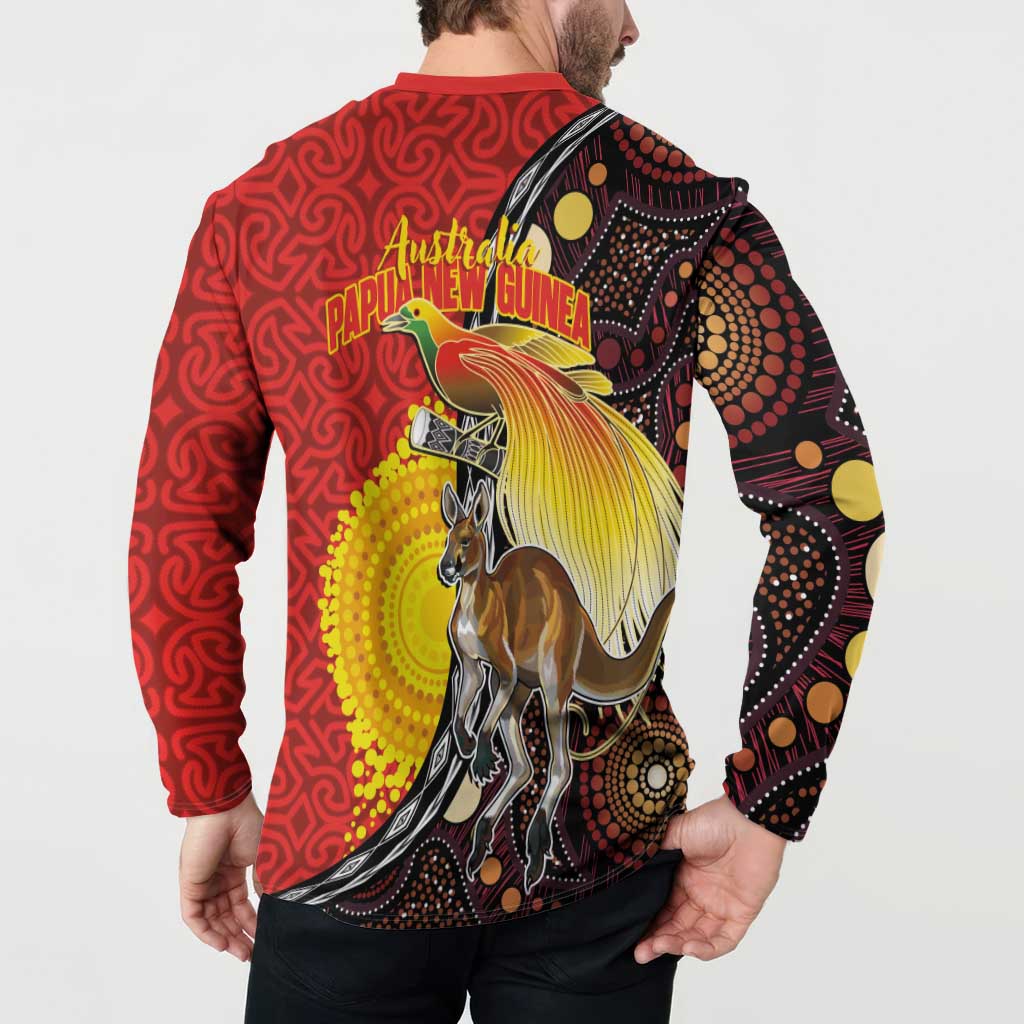 Australia and Papua New Guinea Together Button Sweatshirt Bird-of-paradise and Kangaroo with Oro Tapa and Aboriginal Art Motifs - Aussie Hoodie