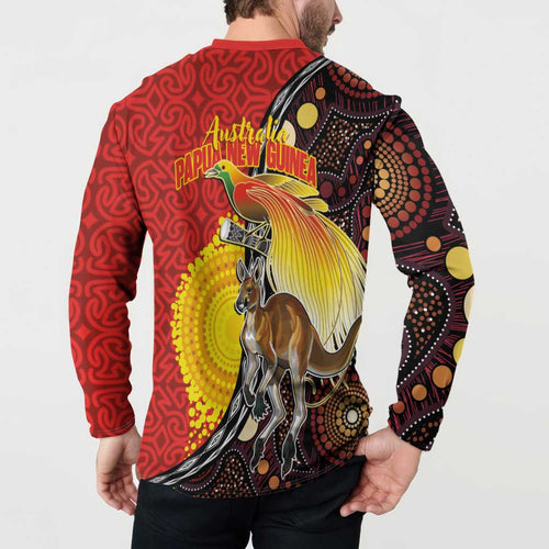 Australia and Papua New Guinea Together Button Sweatshirt Bird-of-paradise and Kangaroo with Oro Tapa and Aboriginal Art Motifs - Aussie Hoodie
