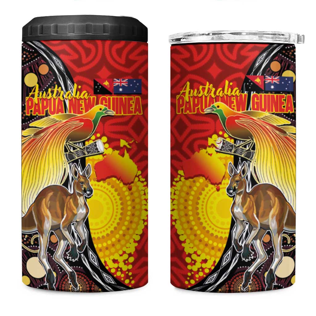 Australia and Papua New Guinea Together 4 in 1 Can Cooler Tumbler Bird-of-paradise and Kangaroo with Oro Tapa and Aboriginal Art Motifs - Aussie Hoodie