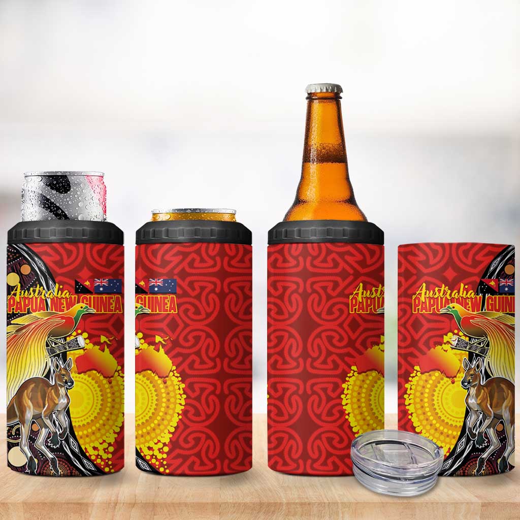Australia and Papua New Guinea Together 4 in 1 Can Cooler Tumbler Bird-of-paradise and Kangaroo with Oro Tapa and Aboriginal Art Motifs - Aussie Hoodie