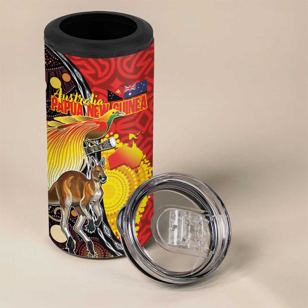 Australia and Papua New Guinea Together 4 in 1 Can Cooler Tumbler Bird-of-paradise and Kangaroo with Oro Tapa and Aboriginal Art Motifs - Aussie Hoodie
